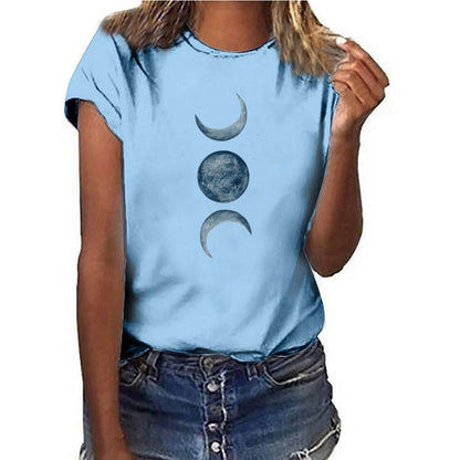 Casual European and American moon print round neck t-shirt