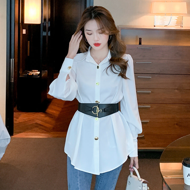 New spring elegant long sleeve blouse with metal buckle and belt