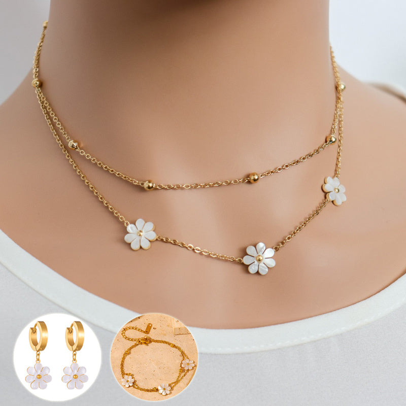 Fashion Jewelry Stainless Steel Flower Daisy Flower Necklace Double Layered Necklace Earrings Jeweley Set