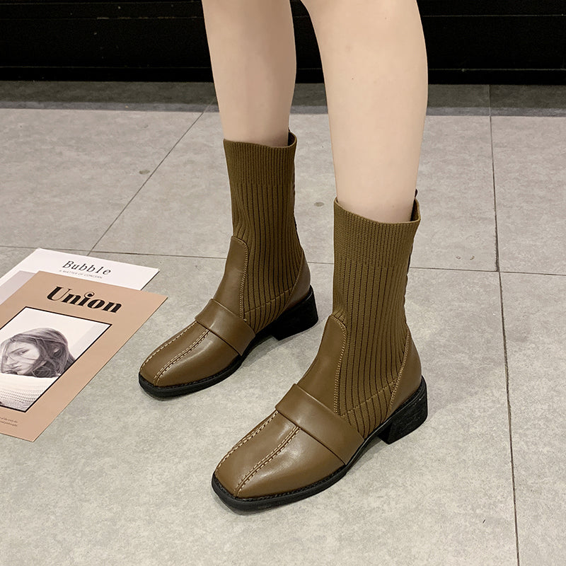 British style mid-calf square toe martin boots for women