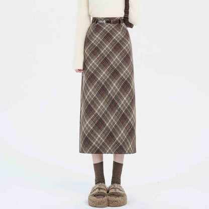 Straight Woolen Plaid Skirt Mid-length Hip Skirt