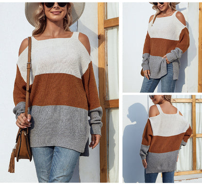 Off-the-shoulder slit sling sweater in contrast color