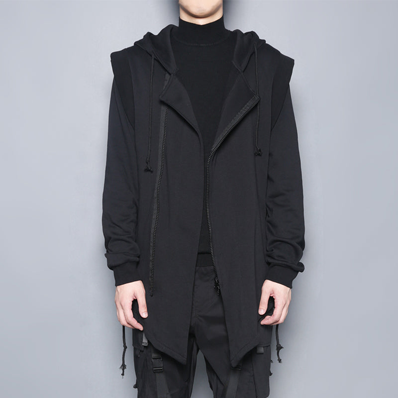 Dark black fake two piece casual coat with hood and cross straps