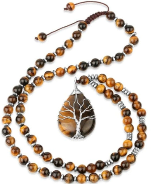 Natural Tiger Eye Rose Gold Wrap Water Drop Tree of Life Pendant Tiger Eye Round Bead Sweater Chain