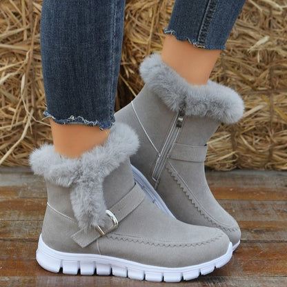 Neue Schnee Stiefel Winter Warme Verdickte Feste Farbe Plüsch Stiefeletten Mit Schnalle Design Plus Samt Flache Schuhe Für Frauen