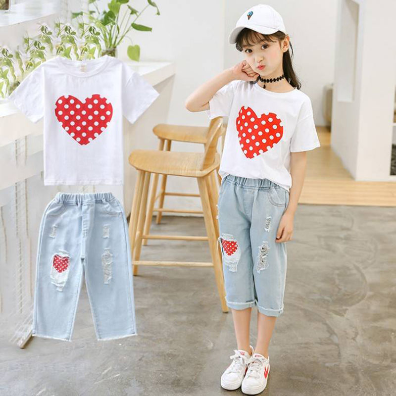 Kids white t-shirt and ripped jeans suit for girls