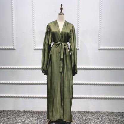 Eid Muslim Abaya Dress Kimono For Women Fashion Shiny Silklike Summer Abayas Cardigan Puff Sleeve Dubai Türkiye Clothing