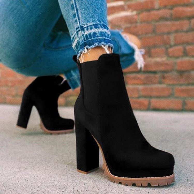 Round toe ankle boots solid leopard print thick square high heel shoes women casual fashion autumn winter suede dress party boots
