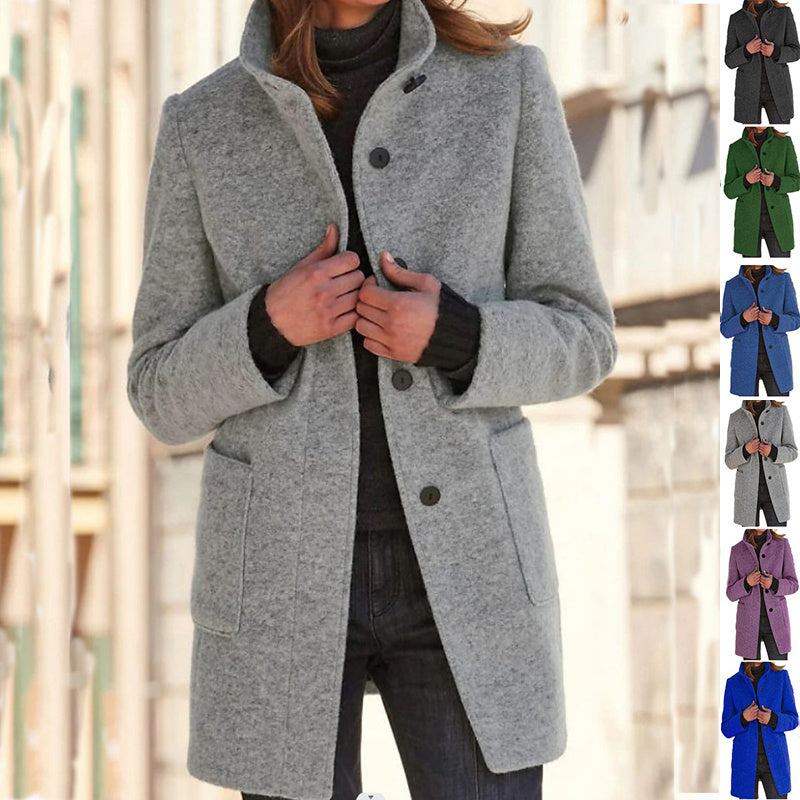 Mode Stand Kragen Woll mantel mit Taschen Herbst Winter Casual Button Outwear für Frauen Kleidung