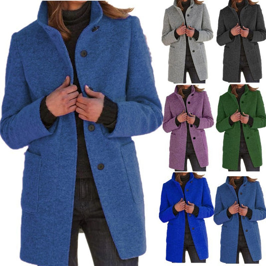 Mode Stand Kragen Woll mantel mit Taschen Herbst Winter Casual Button Outwear für Frauen Kleidung