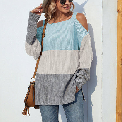 Off-the-shoulder slit sling sweater in contrast color