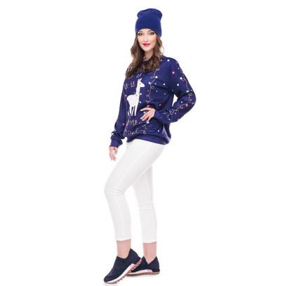 Women's sweatshirt with Christmas cute alpaca print and round neck