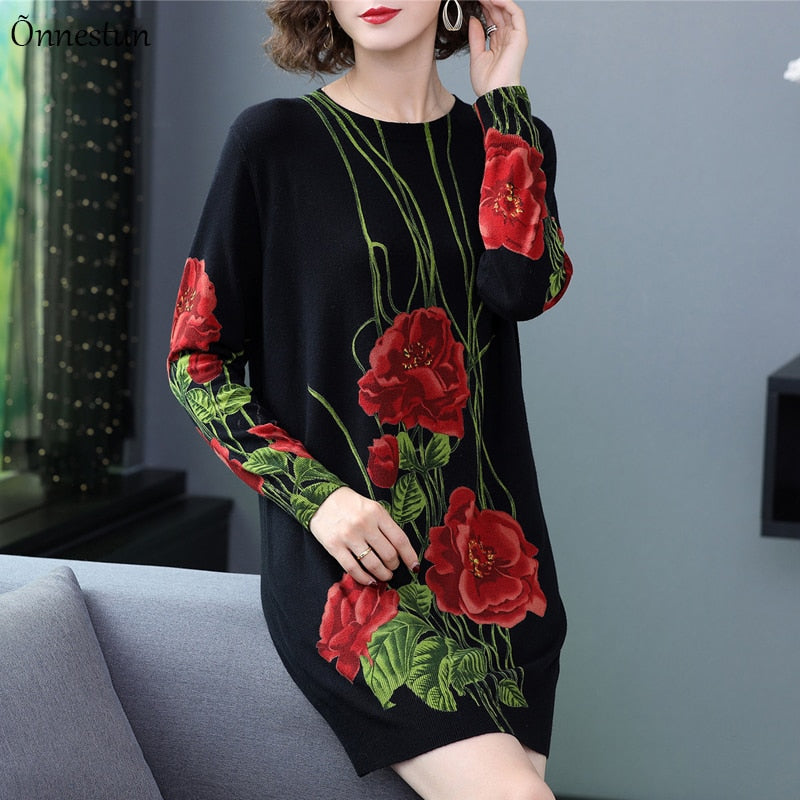 Fashion Long Sleeve Sweater Print Floral Knitwear Jumper