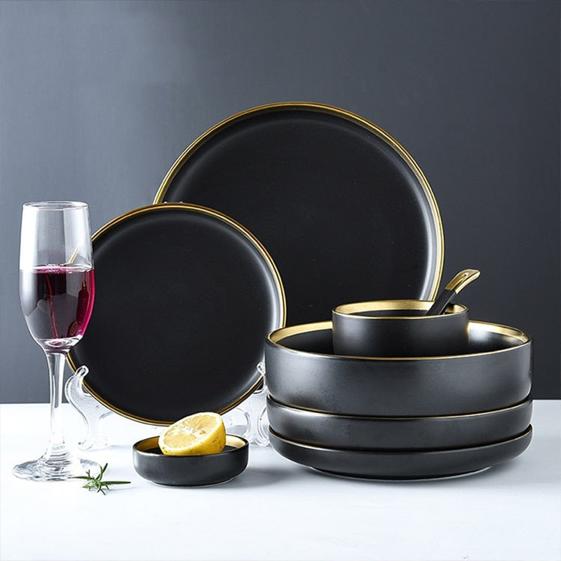 Black Dinnerware Set Ceramic Plates Dishes Plates and Bowls Set Food Plate Salad Soup Bowl Tableware Set for Restaurant