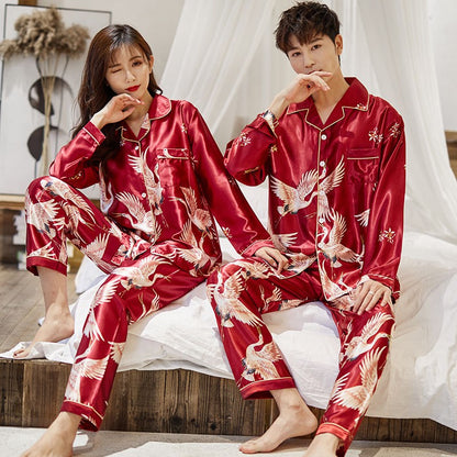 OVERSIZE Couples Print Pajamas Suit Shirt &amp; Pants Silky 2PCS Sleep Set Kimono Bathrobe Gown Casual Bridal Wedding Gift Nightwear