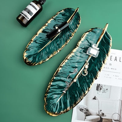 Luxury Ceramic Platter Tray with Glod Rim Green Leaf Glod Feather Jewelry Makeup Brush Storage Decorative Sushi Plate