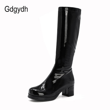 Women Patent Leather Boots 2023 Autumn Winter High Heel Platform Mid Calf Boots For Women Colorful Fashion Light PU Boots