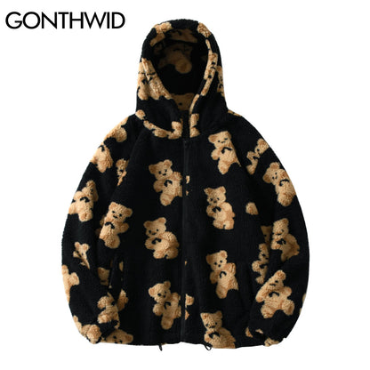 Fleece Hooded Jackets Streetwear Casual Harajuku Hip Hop Men Women Fashion Bear Print