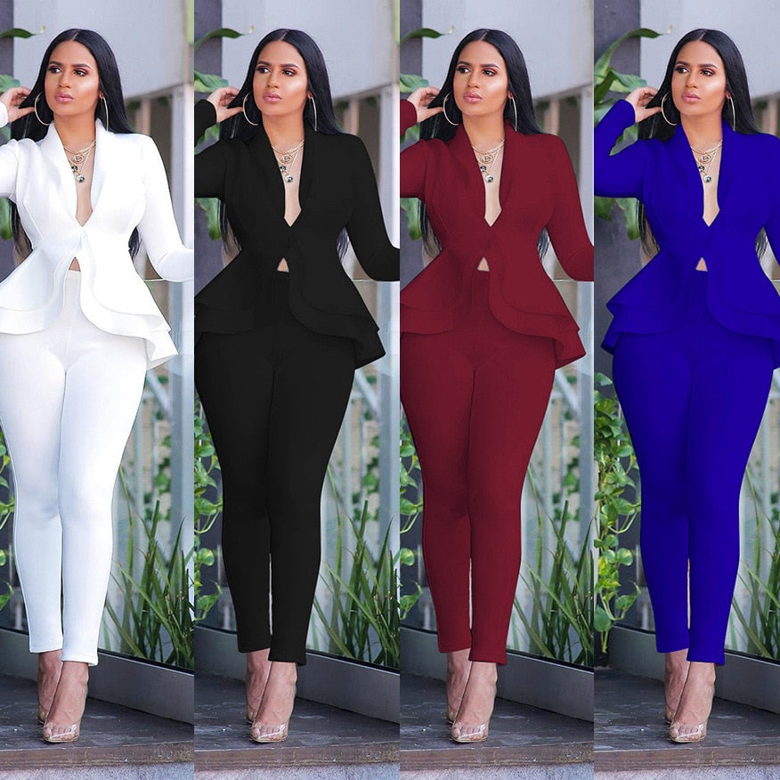 Set Tracksuit Full Sleeve Ruffle Blazer Pencil Pants Suit Two Piece