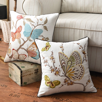 Butterfly Cushion Cover 45x45cm Flowers Country Style Pillow Cover Cotton Embroidery Suqare Home decoration for Living Room