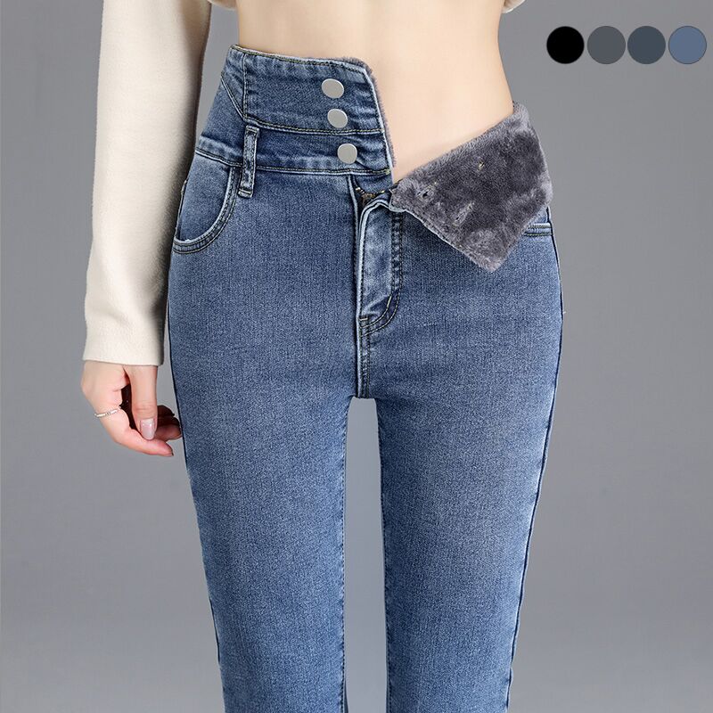 Hohe-qualität Winter Dicke Fleece High-taille Warme Dünne Jeans Dick Frauen Stretch Taste Bleistift Hose Mama Casual samt Jeans