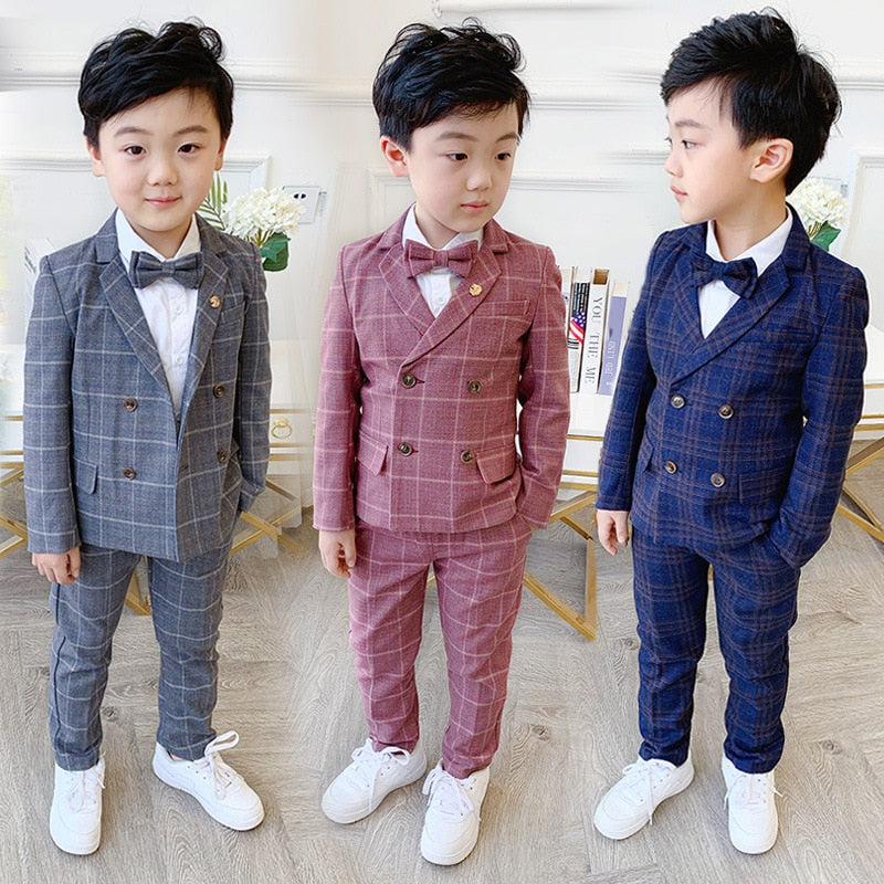 Flower Boys Formal Dress Suit Set Autumn Kids Plaid Double Breasted Blazer Pants 2Pcs Clothes