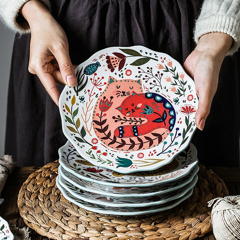 8 inch Colorful Cat Dinner Plate Under-glazed Ceramic Dinner Dishes Dessert Tray Flower Kitten Tableware Microwave Safe