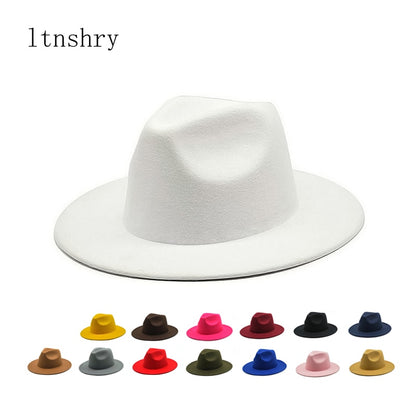 Autumn Winter Women Felt Hat Fedoras Big Brim Hats For Women British Style Vintage Church Hats Lady Flat Brim White jazz cap