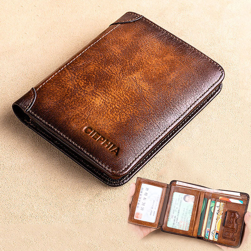 Genuine Leather Rfid Protection Wallets for Men Vintage Slim Short Multi Function ID Credit Card Holder Money Bag