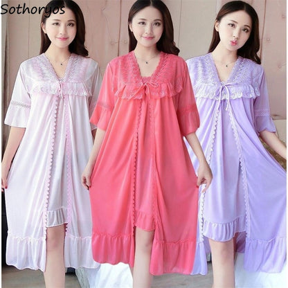 Robe Gown Sets Women 2pcs Solid Ice-silk Trendy Casual Lace Up Home Popular 3XL Loose Sleepwear Sexy Thin Womens Women Bathrobe Chic