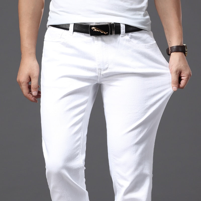 Männer Weiße Jeans Mode Lässig Klassische Stil Slim Fit Weiche Hose Männlichen Marke Erweiterte Stretch Hosen