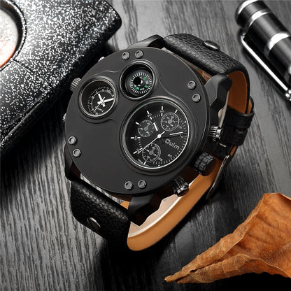 Oulm Unique Sport Watches Men Luxury Brand Two Time Zone Wristwatch Decorative Compass Male Quartz Watch relogio masculino