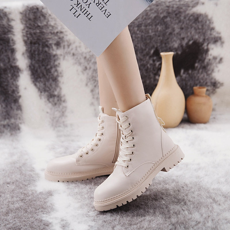 Fashion Zipper Flat Shoes Woman High Heel Platform PU Leather Boots Lace up Women Shoes Ankle Boots Girls 35-40