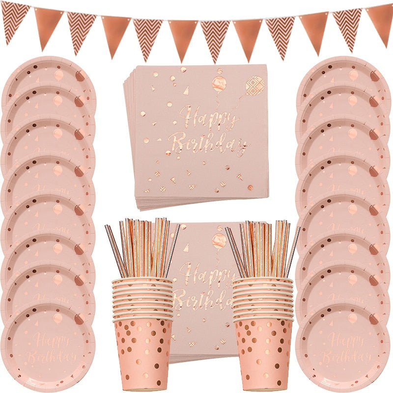 78 teile/satz Rose Gold Glücklich Geburtstag Decor Mädchen Einweg Geschirr Set Papier Platte Heißer Stanzen Erwachsene Birthdy Partei Liefert