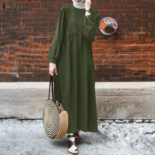 Retro Muslim Dress Women Long Puff Sleeve