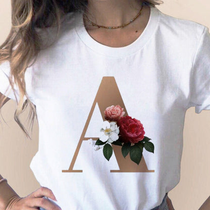 Custom name letter combination women High quality printing T-shirt Flower letter Font A BCDEFG short sleeve Clothing