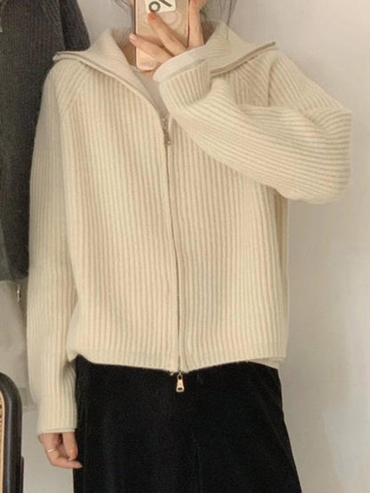 Autumn Vintage Zipper Solid Loose Long Sleeve Tops Knitwear Chic