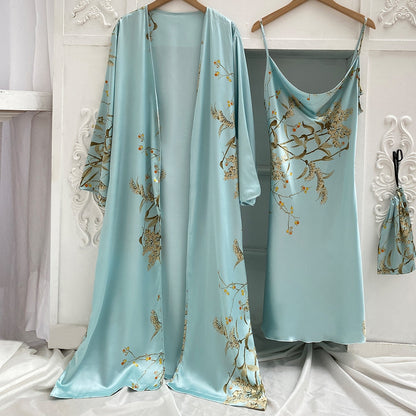 Print 2pcs Robe Sleep suit Women Bridal Kimono Bathrobe Gown Lingerie Satin V-neck Sleepwear Straps Nightdress Lounge wear