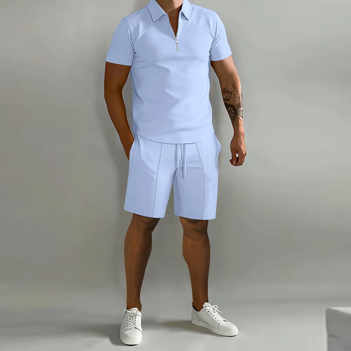 Summer short sleeve thin Polos shirt Sport Shorts 2 piece new men's tracksuit suit men solid set casual jogging sportswear