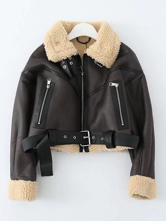Ailegogo Winter Frauen Streetwear Faux Lamm Leder Pelz Kurze Jacke mit Gürtel Moto Biker Dicke Warme Schaffell