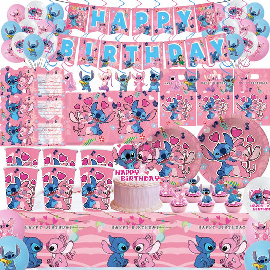 Disney Stitch Party Supplies Paper Napkins Tablecloth Plate Balloon Pink Angel Theme Baby Shower Girl Birthday Party Decoration