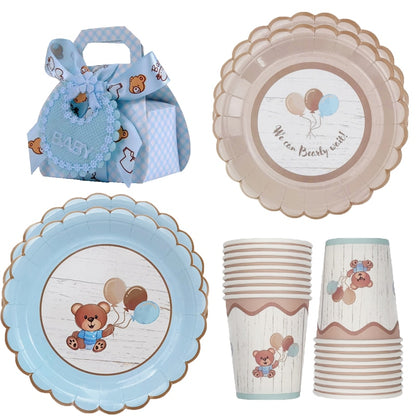 Cute teddy bear baby party disposable tableware sets brown blue napkin plate cup kids baby girl happy birthday party suppli