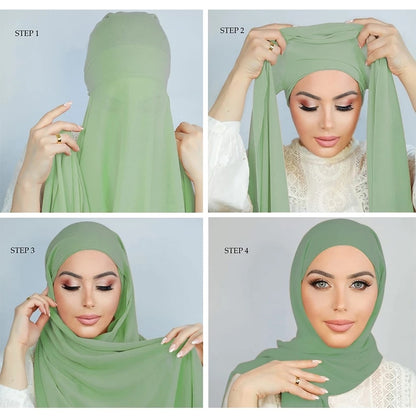 Muslim Women Chiffon Hijab With Cap Bonnet instant