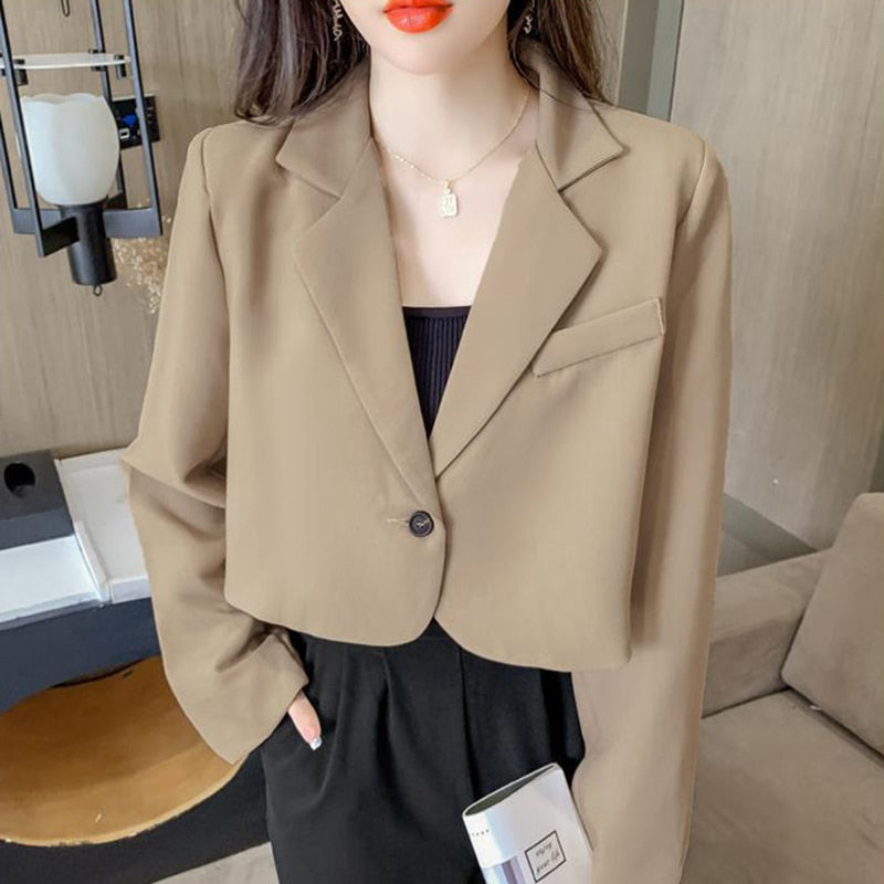 koreanische kurz geschnittene Blazer Frauen einfarbig einfache Ein-Knopf-Outwear Teenager All-Match