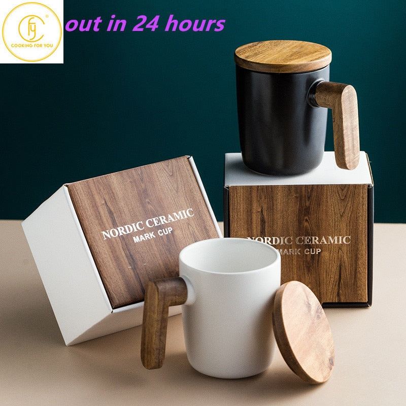 Gift Package Wooden Handle with Cover coffee cup Lovers coffee Mug Ceramic coffee Mug cup set wooden coffee cup