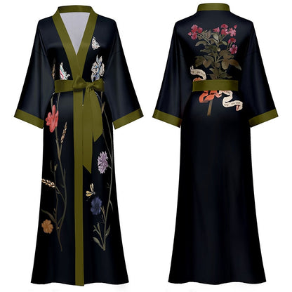 Schwarz Druck Blume Lange Robe Nachthemd Frühling Sommer Halb Hülse Kimono Bademantel Kleid Frauen Sexy Rayon Hause Kleid Loungewear