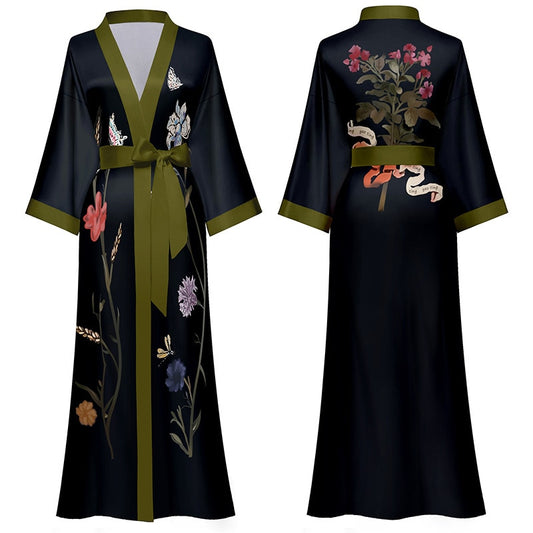 Black Print Flower Long Robe Nightgown Spring Summer Half Sleeve Kimono Bathrobe Gown Women Sexy Rayon Home Dress Loungewear