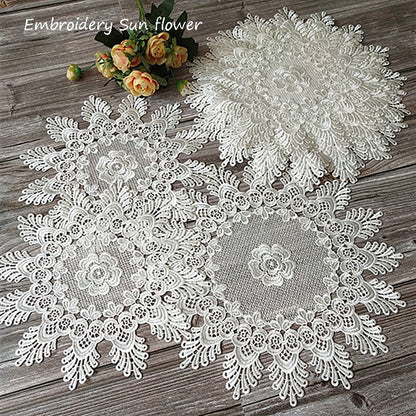 NEW round Lace sun flower embroidery placemat cup coaster kitchen wedding Christmas table place mat cloth pad New Year doily