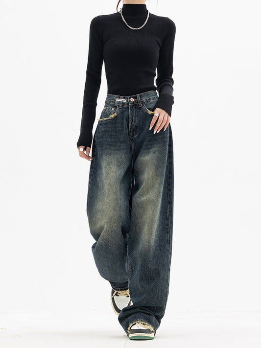 Hohe Taille frauen Jeans Harajuku Vintage BF Stil Streetwear Alle-spiel Lose Mode Femme Breite Bein Denim Hosen