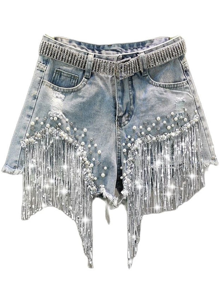 Summer Elegant Shorts Lady Tassel Beading High Waist Wide Leg Denim Shorts Female Casual